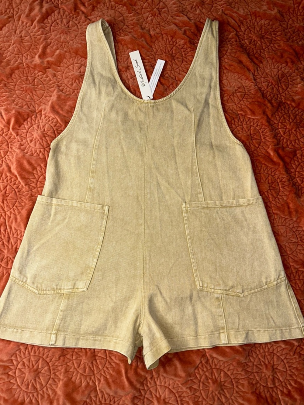 Mustard Seed Tan Denim Romper with Front Patch Pocket Detail
